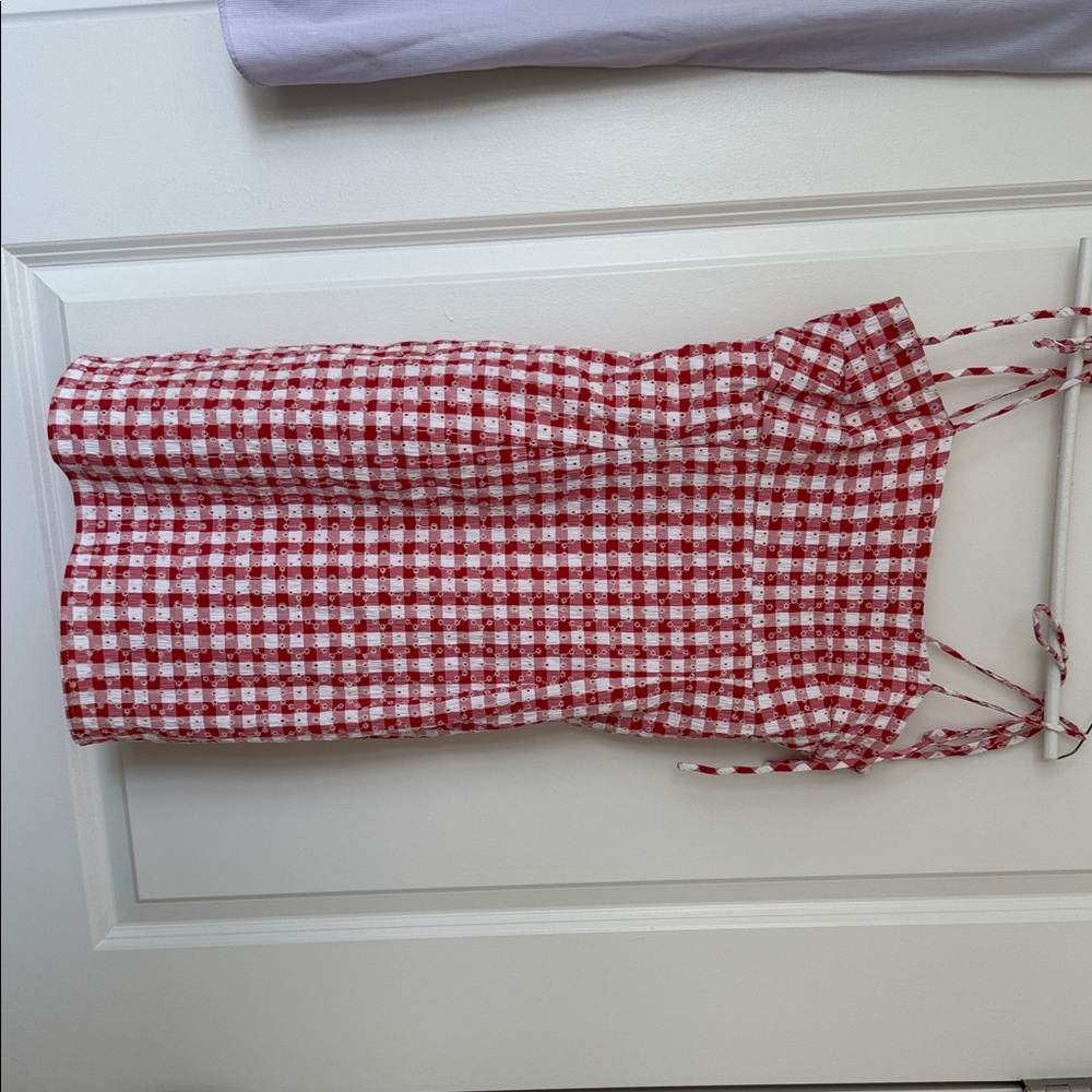 Chic Red and White Checkered Mini Bardot Dress